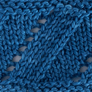 Close up view of the stitch pattern of SpinYouRound cowl in StarGazer