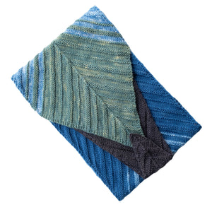 Blue green and grey scarf laid flat
