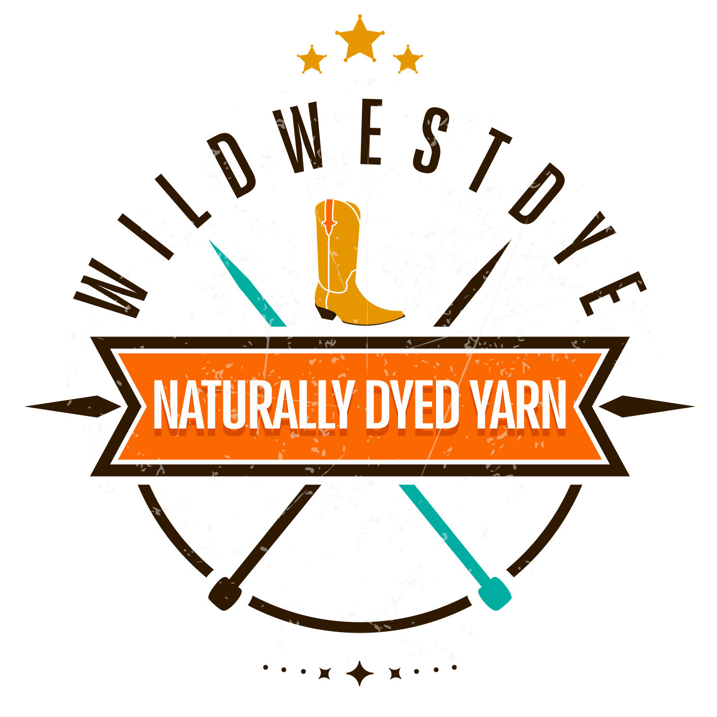 WildWestDye logo - 3 stars, cowboy boot, knitting needles